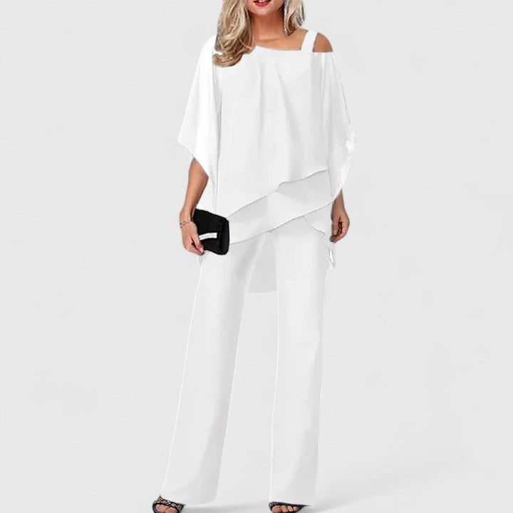 Eske - Women's Draped Overlay Top and Wide-Leg Pants Set - White