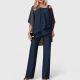 Eske - Women's Draped Overlay Top and Wide-Leg Pants Set - Dark Blue