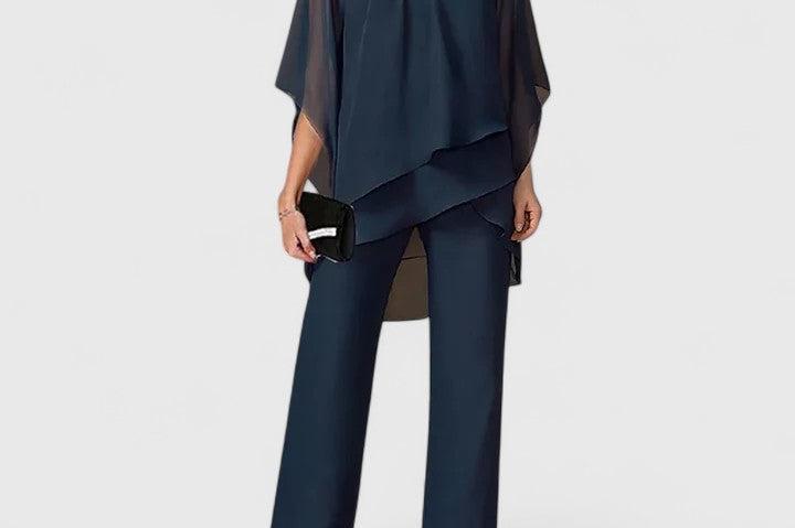 Eske - Women's Draped Overlay Top and Wide-Leg Pants Set - Dark Blue