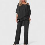Eske - Women's Draped Overlay Top and Wide-Leg Pants Set - Black