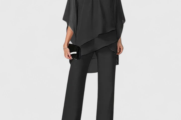 Eske - Women's Draped Overlay Top and Wide-Leg Pants Set - Black
