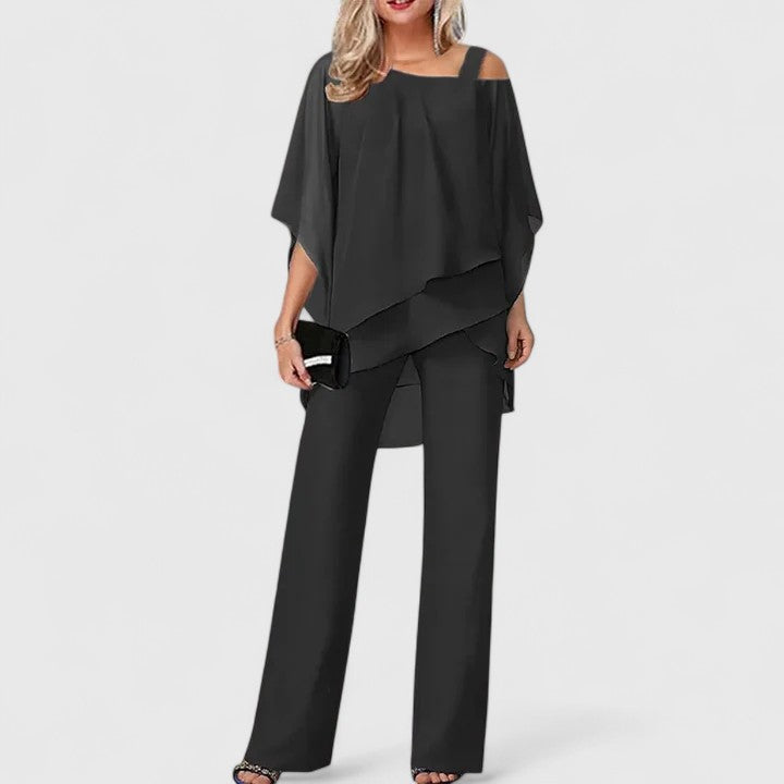 Eske - Women's Draped Overlay Top and Wide-Leg Pants Set - Black