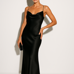 Evangelina - Women's Satin Cowl Neck Slip Maxi Dress - Black