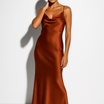 Evangelina - Women's Satin Cowl Neck Slip Maxi Dress - Brown