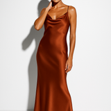 Evangelina - Women's Satin Cowl Neck Slip Maxi Dress - Brown