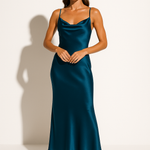 Evangelina - Women's Satin Cowl Neck Slip Maxi Dress - Dark Blue