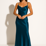 Evangelina - Women's Satin Cowl Neck Slip Maxi Dress - Dark Blue