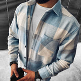 Everett - Men's Plaid Button-Up Overshirt with Chest Pockets - Light Blue Plaid