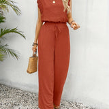 Wide-Leg Lace-Sleeve Jumpsuit - Rust Orange