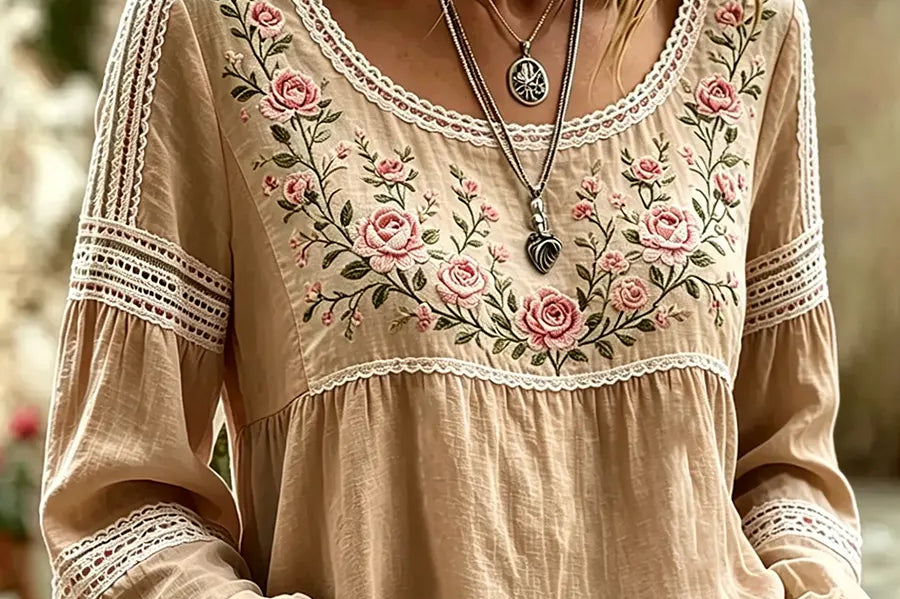 Women's Embroidered Linen Blouse | Breathable Long-Sleeve Top