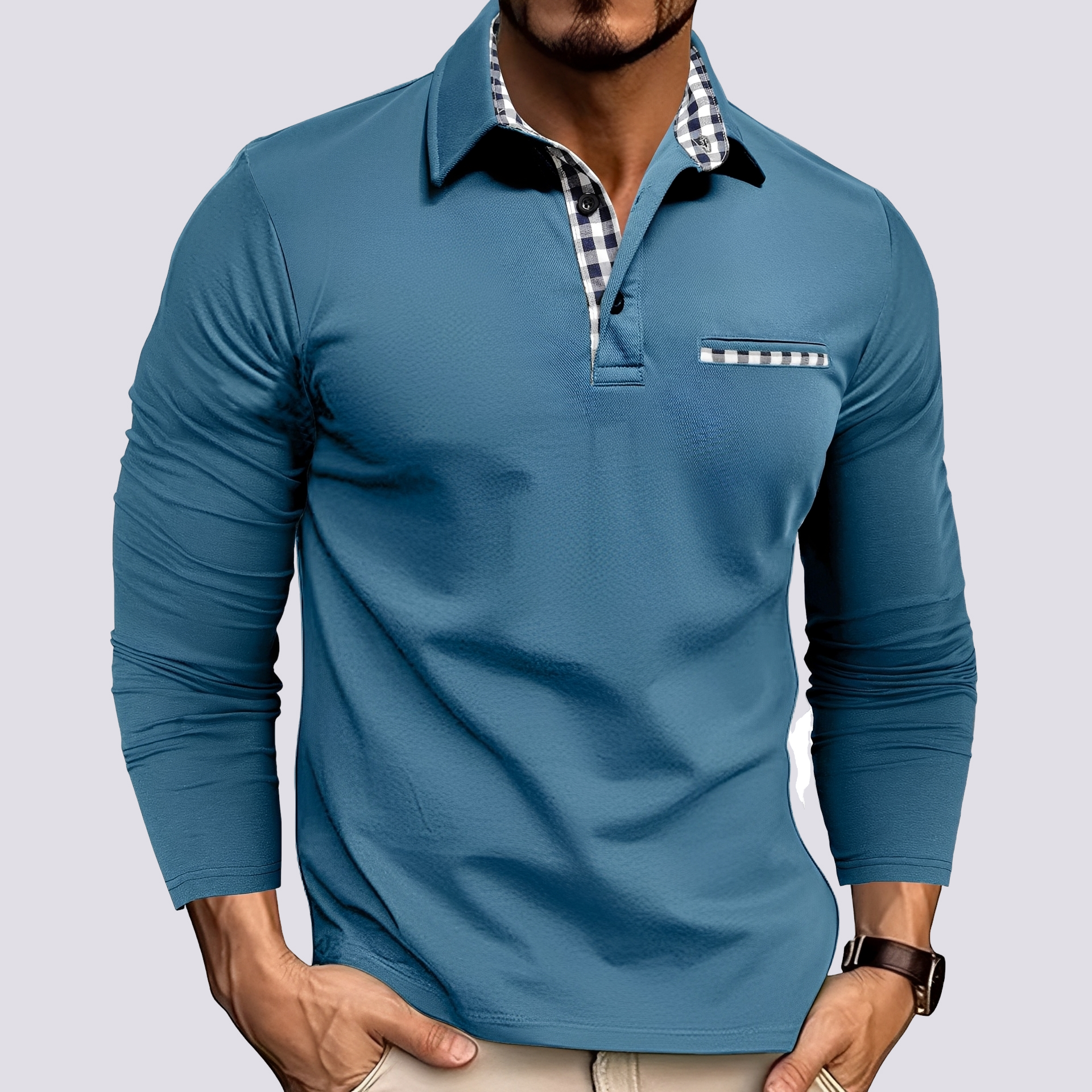 Felix - Men's Long-Sleeve Knit Polo Shirt with Classic Collar - Blue