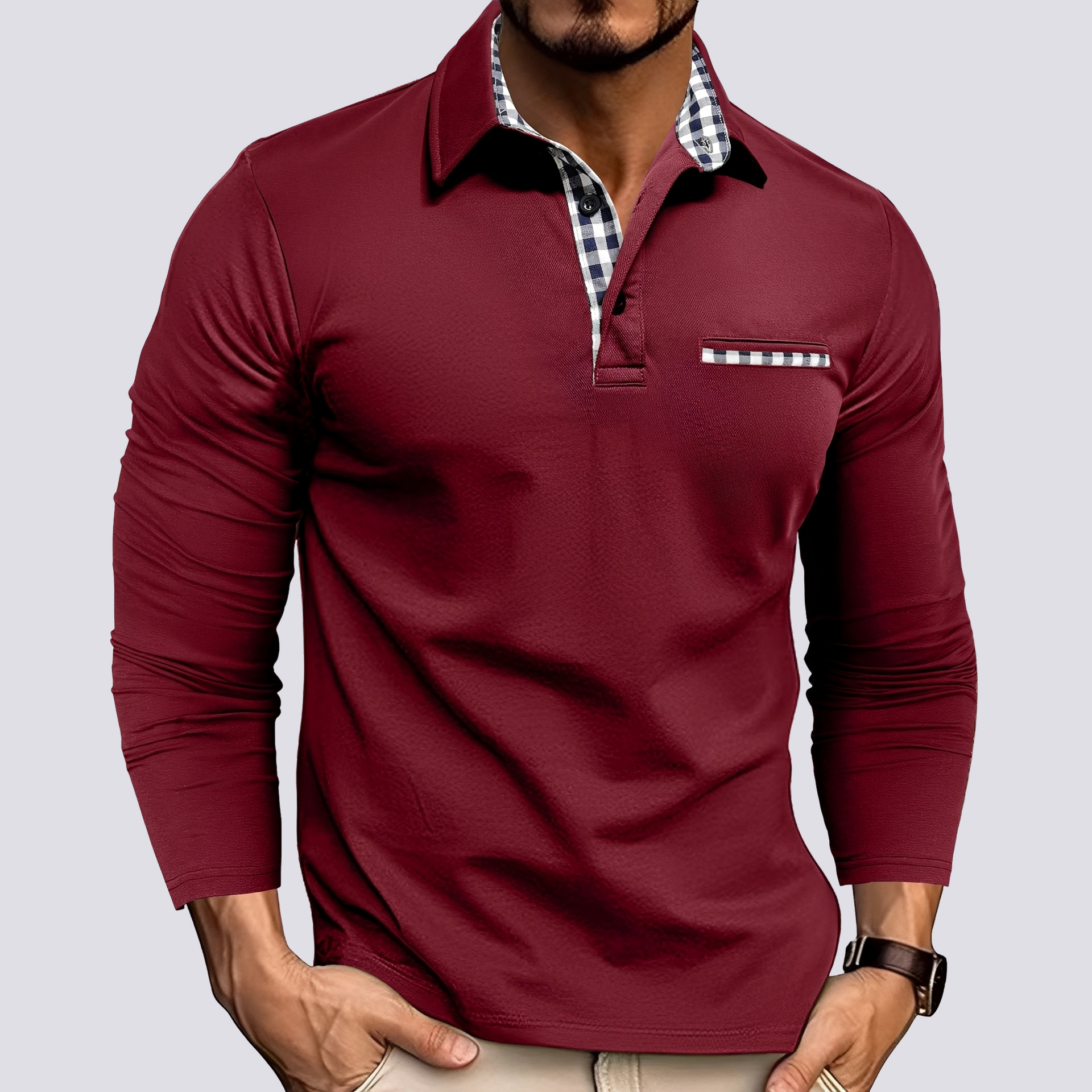 Felix - Men's Long-Sleeve Knit Polo Shirt with Classic Collar - Red