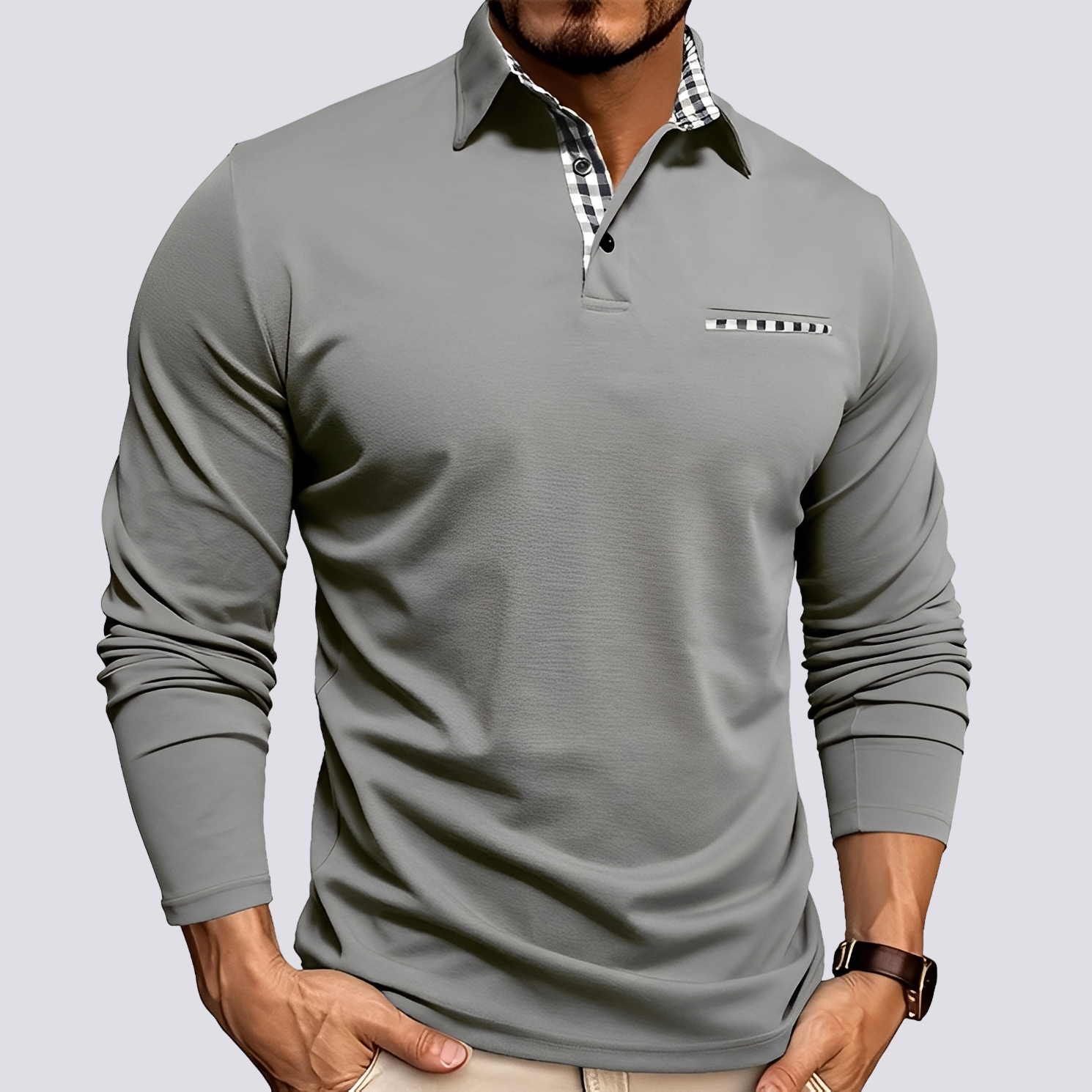 Felix - Men's Long-Sleeve Knit Polo Shirt with Classic Collar - Gray