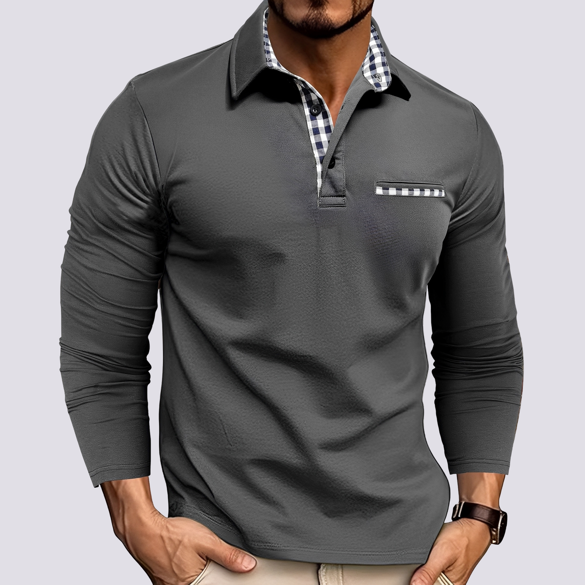 Felix - Men's Long-Sleeve Knit Polo Shirt with Classic Collar - Dark Gray