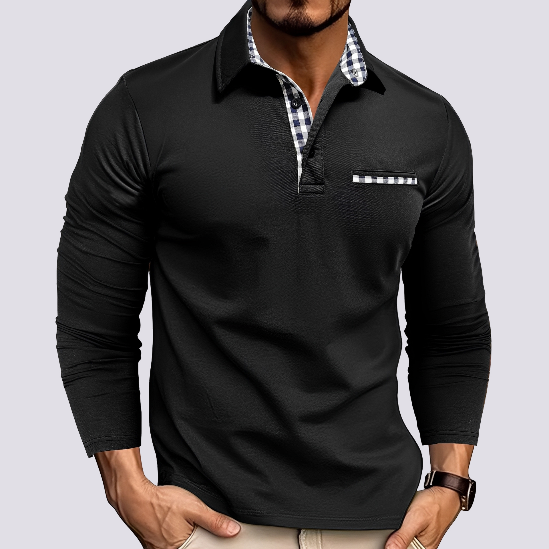 Felix - Men's Long-Sleeve Knit Polo Shirt with Classic Collar - Black