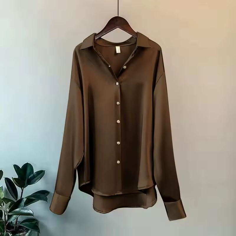 Femke - Women's Fluid Drape Silky Blouse - Brown