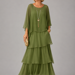 Ffion - Women's Tiered Chiffon Maxi Dress with Cape Sleeves - Olive Green