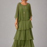 Ffion - Women's Tiered Chiffon Maxi Dress with Cape Sleeves - Olive Green