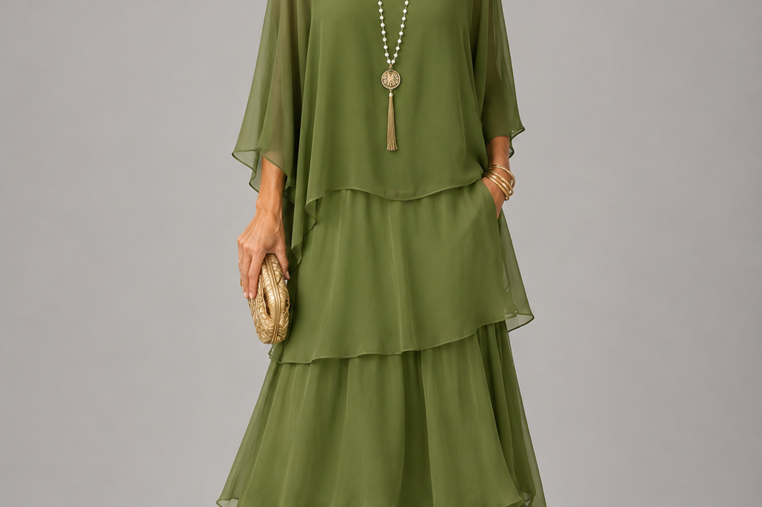 Ffion - Women's Tiered Chiffon Maxi Dress with Cape Sleeves - Olive Green