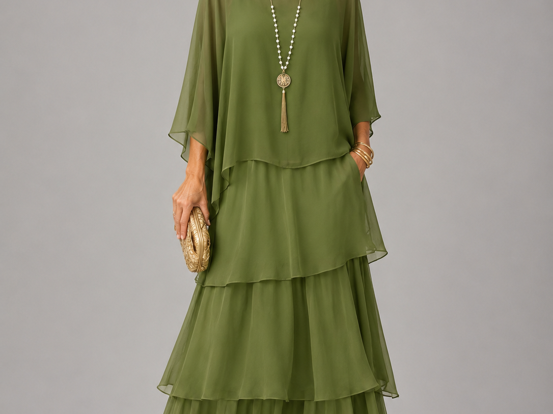 Ffion - Women's Tiered Chiffon Maxi Dress with Cape Sleeves - Olive Green