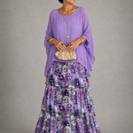 Ffion - Women's Tiered Chiffon Maxi Dress with Cape Sleeves - Violet à fleurs