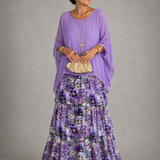 Ffion - Women's Tiered Chiffon Maxi Dress with Cape Sleeves - Violet à fleurs