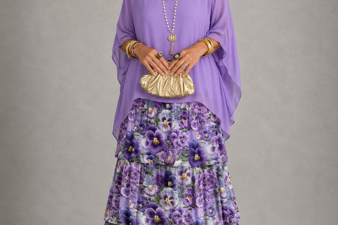 Ffion - Women's Tiered Chiffon Maxi Dress with Cape Sleeves - Violet à fleurs