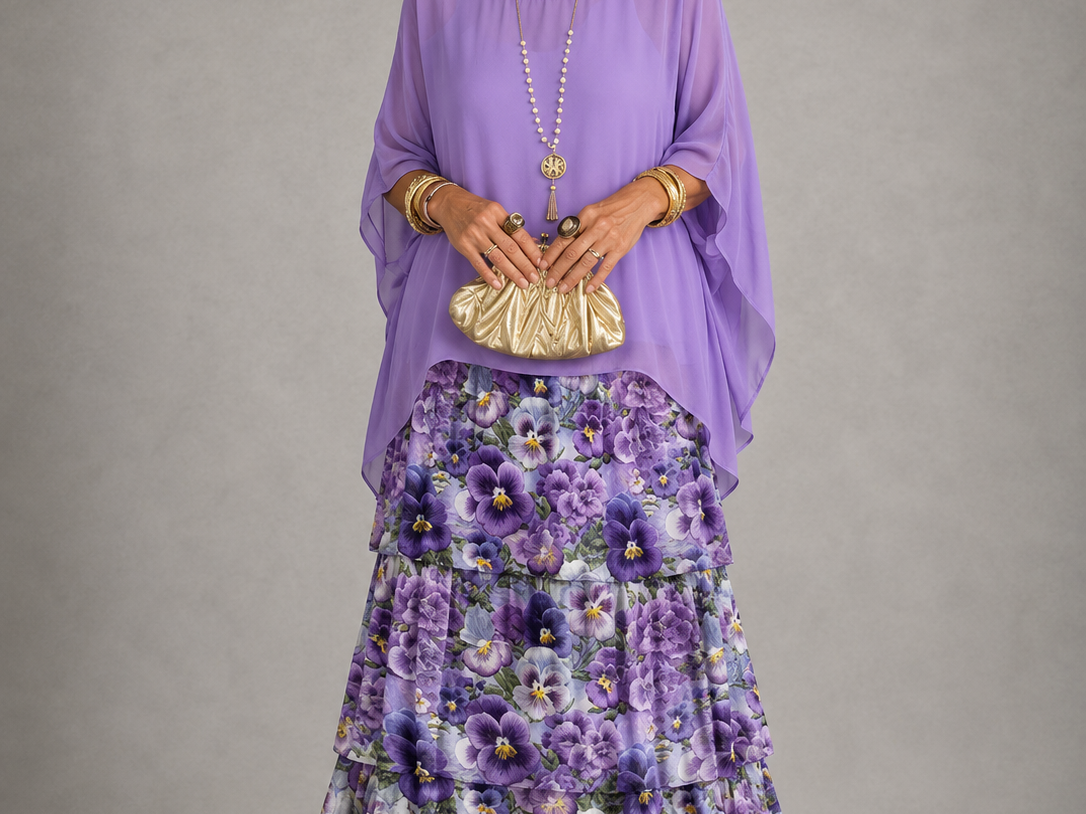 Ffion - Women's Tiered Chiffon Maxi Dress with Cape Sleeves - Violet à fleurs