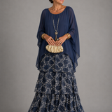 Ffion - Women's Tiered Chiffon Maxi Dress with Cape Sleeves - Bleu foncé