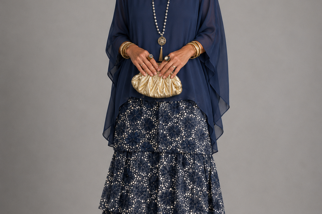 Ffion - Women's Tiered Chiffon Maxi Dress with Cape Sleeves - Bleu foncé