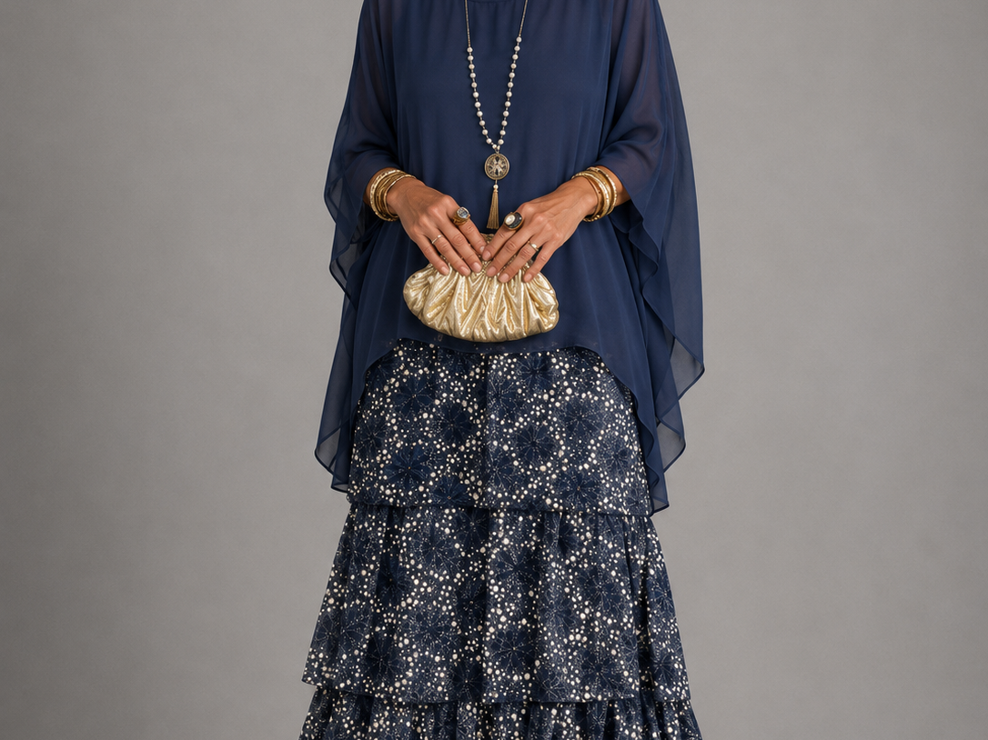 Ffion - Women's Tiered Chiffon Maxi Dress with Cape Sleeves - Bleu foncé