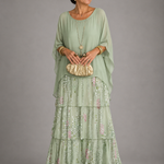 Ffion - Women's Tiered Chiffon Maxi Dress with Cape Sleeves - Vert sauge clair