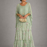 Ffion - Women's Tiered Chiffon Maxi Dress with Cape Sleeves - Vert sauge clair