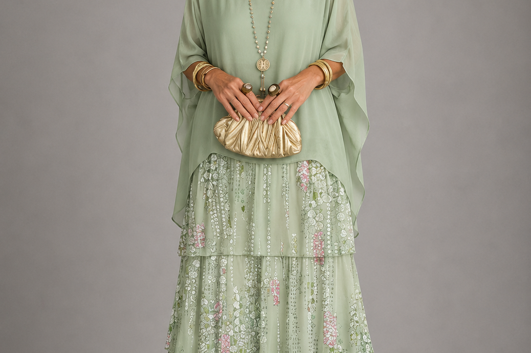 Ffion - Women's Tiered Chiffon Maxi Dress with Cape Sleeves - Vert sauge clair
