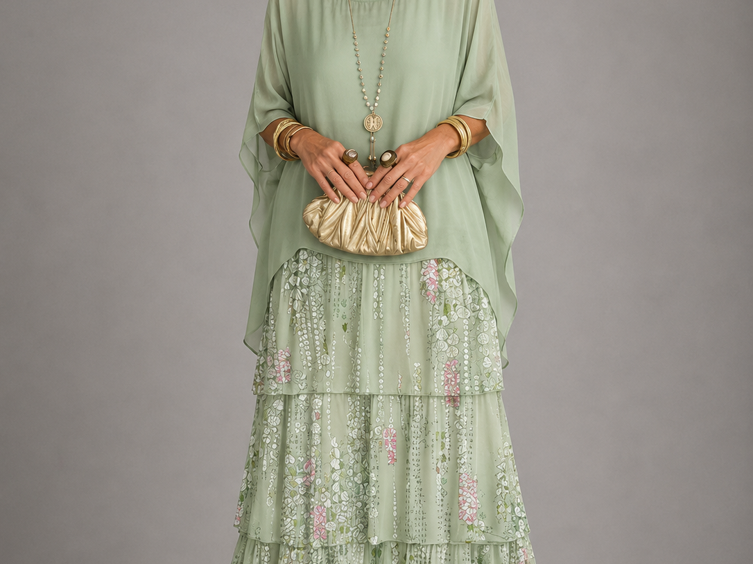 Ffion - Women's Tiered Chiffon Maxi Dress with Cape Sleeves - Vert sauge clair