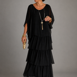 Ffion - Women's Tiered Chiffon Maxi Dress with Cape Sleeves - Black