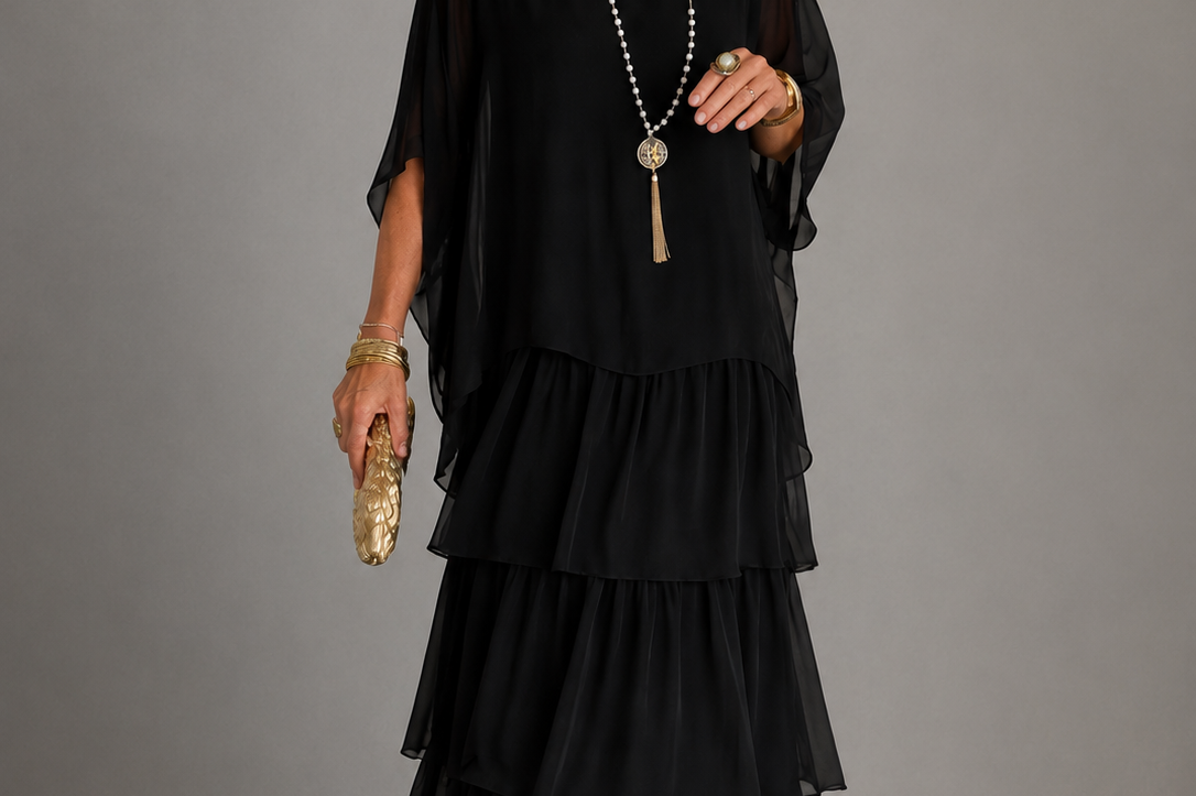 Ffion - Women's Tiered Chiffon Maxi Dress with Cape Sleeves - Black