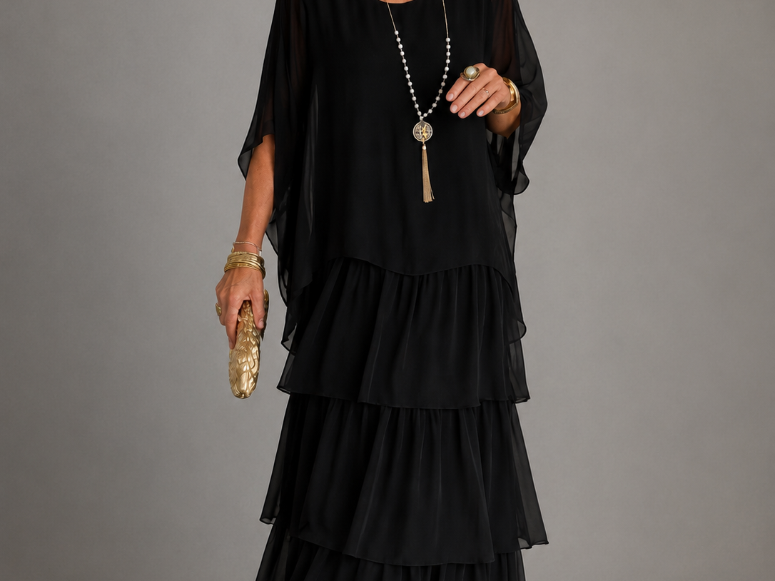 Ffion - Women's Tiered Chiffon Maxi Dress with Cape Sleeves - Black