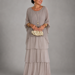 Ffion - Women's Tiered Chiffon Maxi Dress with Cape Sleeves - Gray