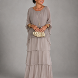 Ffion - Women's Tiered Chiffon Maxi Dress with Cape Sleeves - Gray