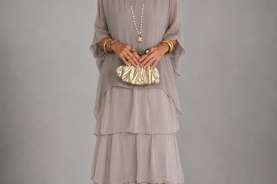 Ffion - Women's Tiered Chiffon Maxi Dress with Cape Sleeves - Gray