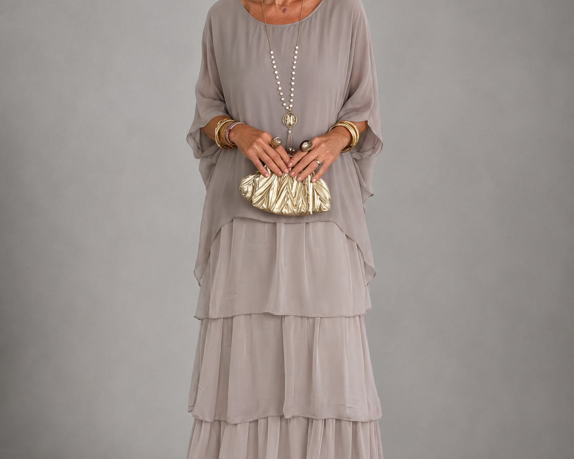 Ffion - Women's Tiered Chiffon Maxi Dress with Cape Sleeves - Gray