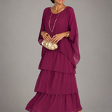 Ffion - Women's Tiered Chiffon Maxi Dress with Cape Sleeves - Purple