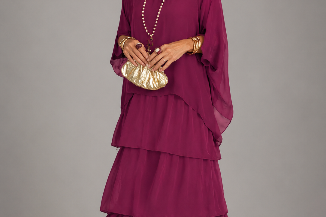 Ffion - Women's Tiered Chiffon Maxi Dress with Cape Sleeves - Purple