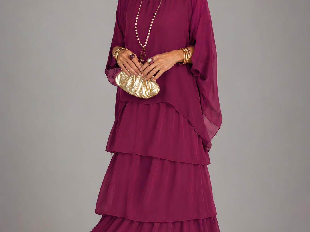 Ffion - Women's Tiered Chiffon Maxi Dress with Cape Sleeves - Purple