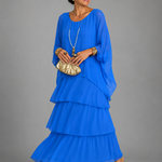 Ffion - Women's Tiered Chiffon Maxi Dress with Cape Sleeves - Blue