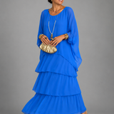 Ffion - Women's Tiered Chiffon Maxi Dress with Cape Sleeves - Blue