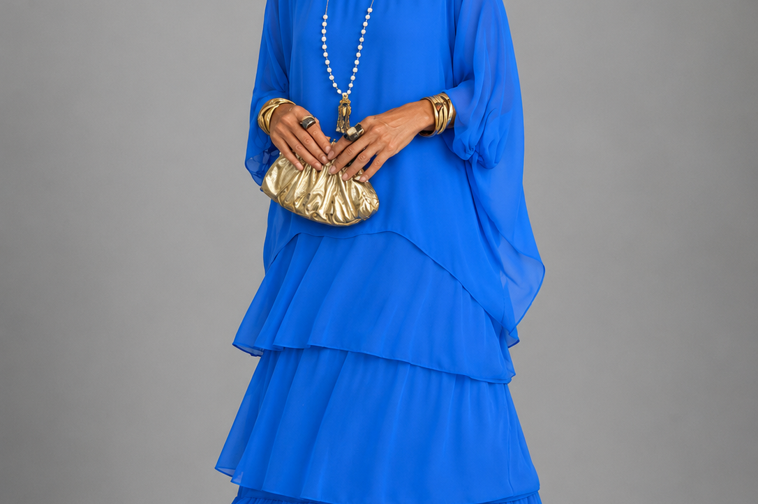 Ffion - Women's Tiered Chiffon Maxi Dress with Cape Sleeves - Blue