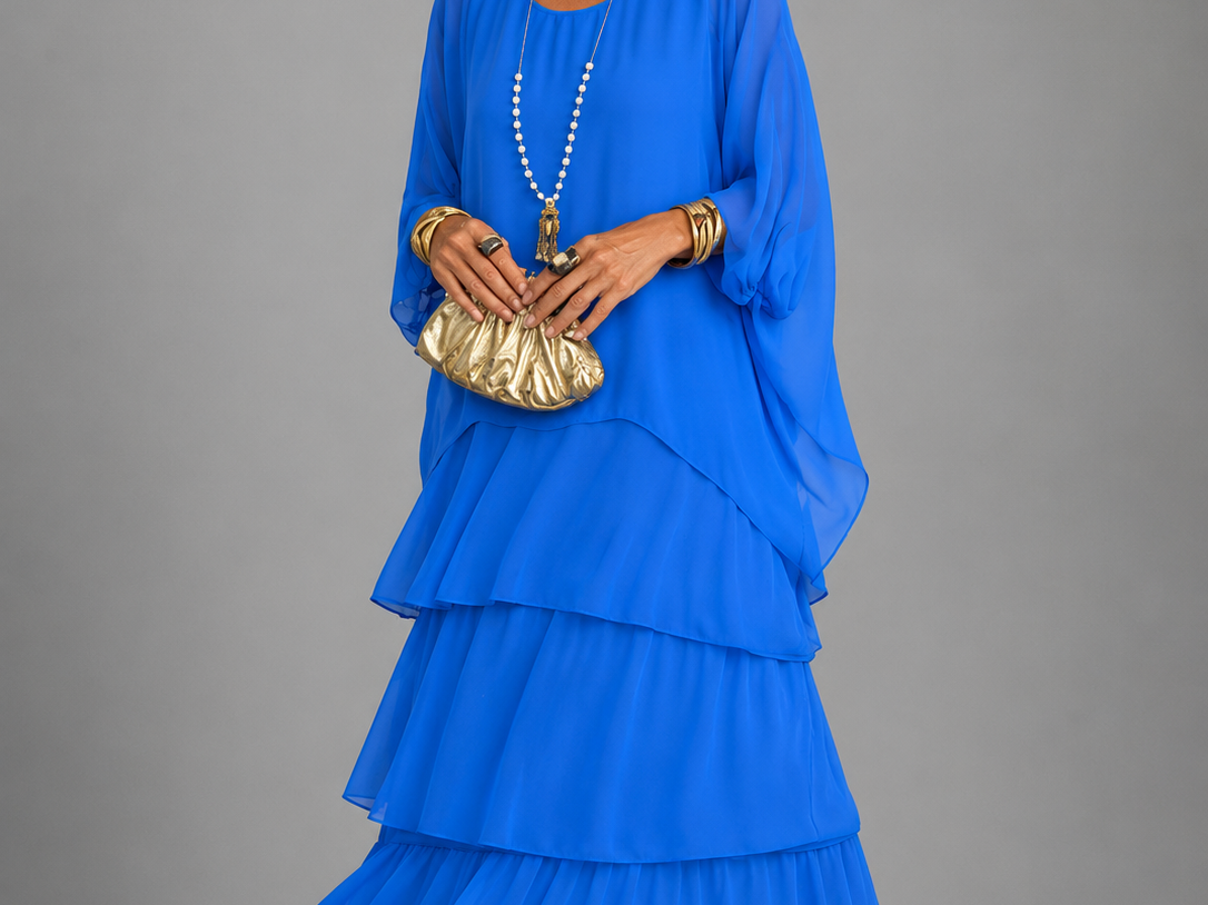 Ffion - Women's Tiered Chiffon Maxi Dress with Cape Sleeves - Blue