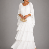 Ffion - Women's Tiered Chiffon Maxi Dress with Cape Sleeves - White